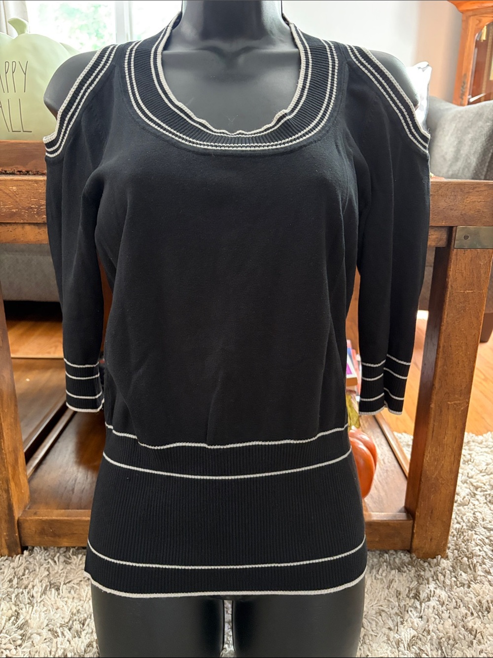 Boston Proper Black Cold-Shoulder Top with White Trim size Small
